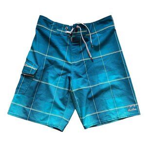 Billabong Platinum X Youth Teen Boys Teal Blue Neon Striped Swim‎ Trunks Size 26